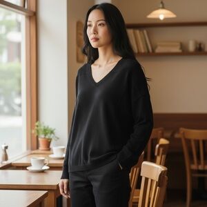 Elliot Lauren Relaxed Fit Black V-Neck Dolman Long Sleeve Sweater